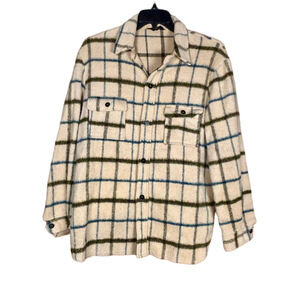 Vintage h.i.s Sportswear Plaid Wool Blend Shacket Cream Green Blue 24x29.5